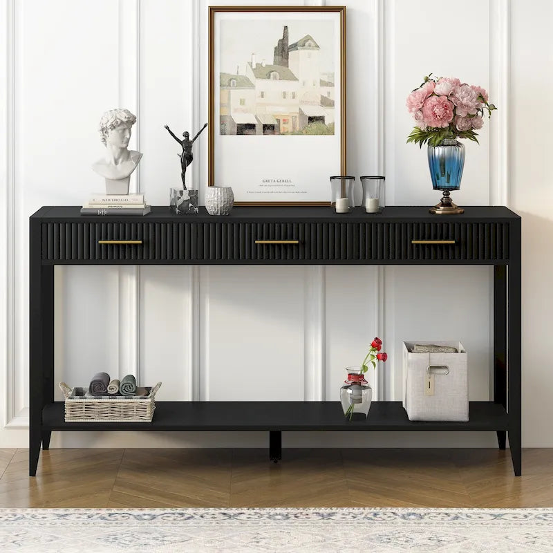 Mesa consola de 3 cajones con estante inferior (negro/blanco/azul marino)