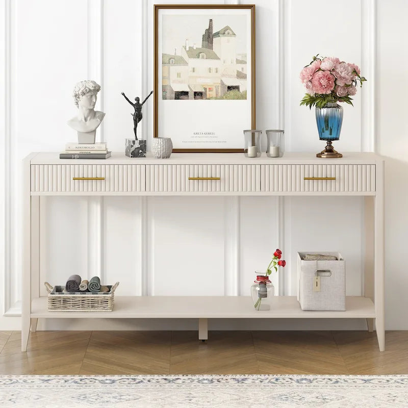 Mesa consola de 3 cajones con estante inferior (negro/blanco/azul marino)