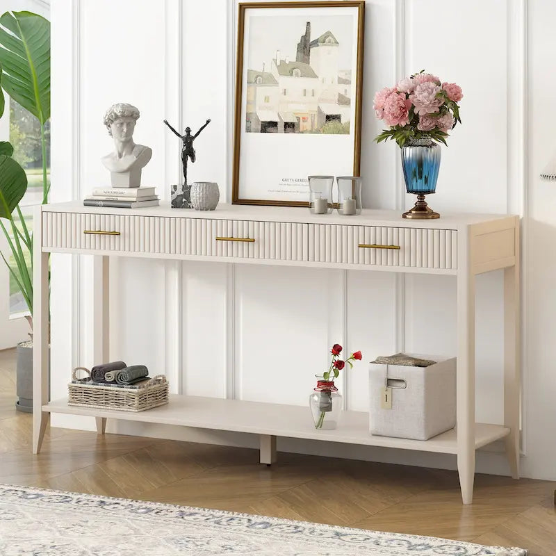 Mesa consola de 3 cajones con estante inferior (negro/blanco/azul marino)