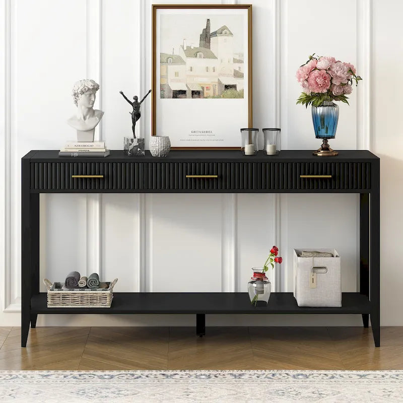 Mesa consola de 3 cajones con estante inferior (negro/blanco/azul marino)