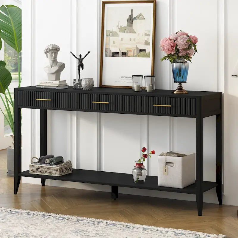 Mesa consola de 3 cajones con estante inferior (negro/blanco/azul marino)