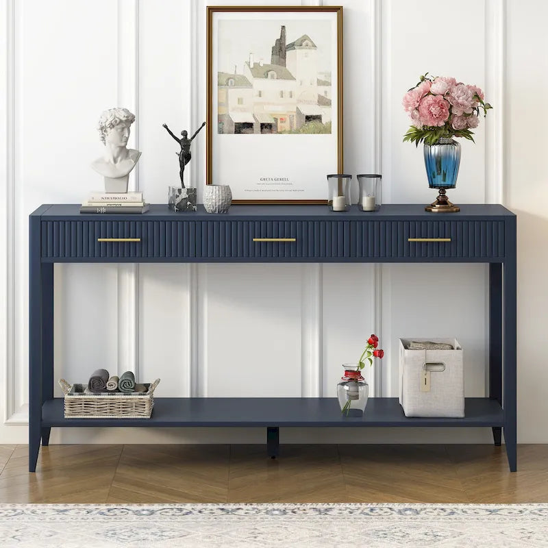 Mesa consola de 3 cajones con estante inferior (negro/blanco/azul marino)