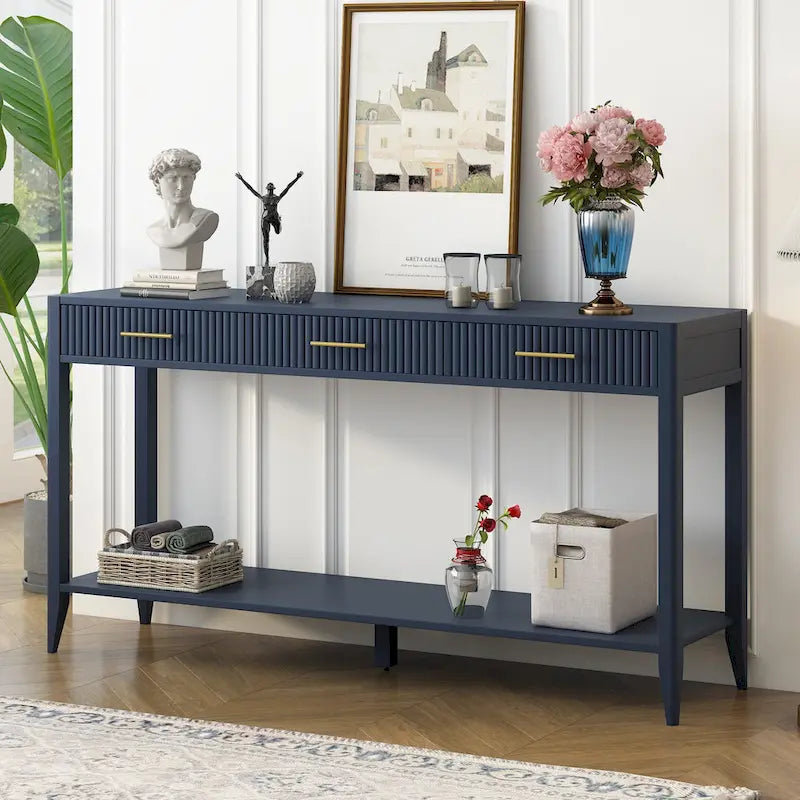 Mesa consola de 3 cajones con estante inferior (negro/blanco/azul marino)
