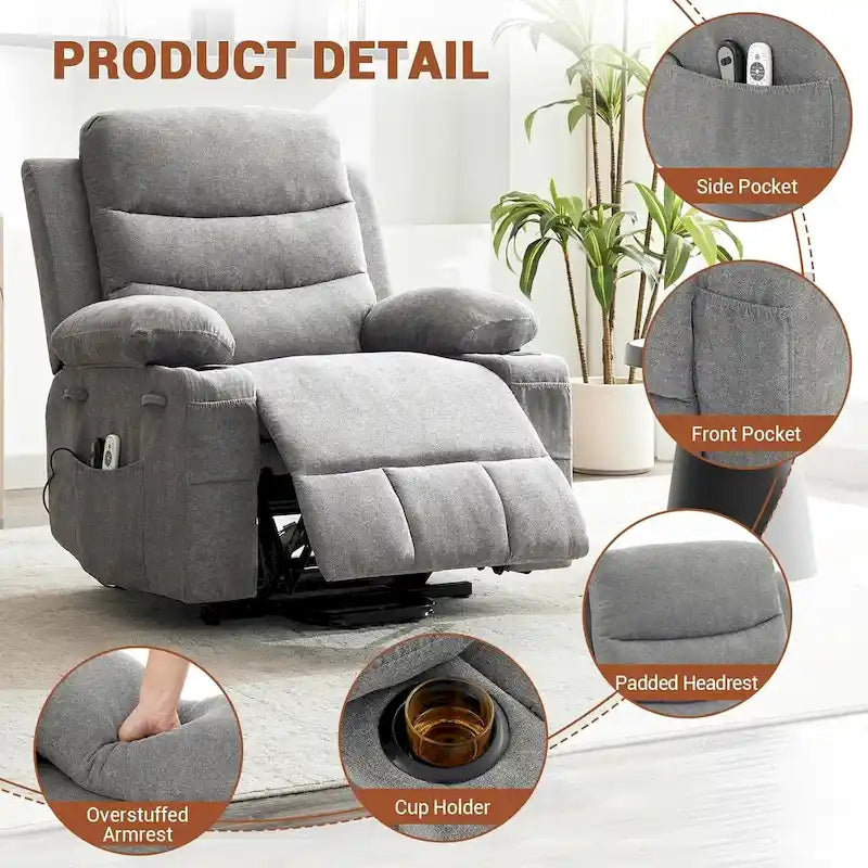 Sillón reclinable eléctrico elevador con función de calor y masaje, en blanco, marrón o gris — 1 persona