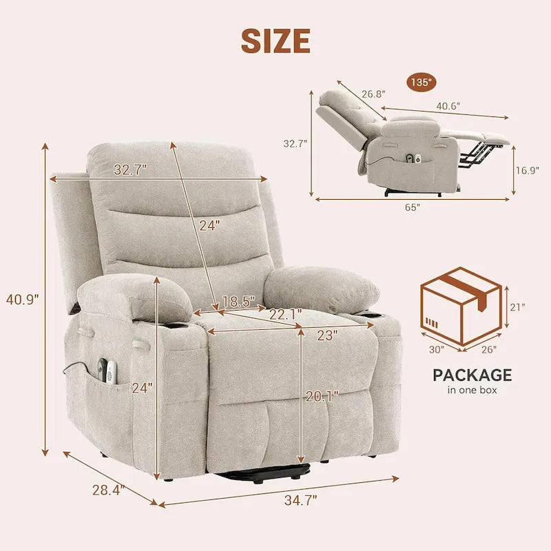 Sillón reclinable eléctrico elevador con función de calor y masaje, en blanco, marrón o gris — 1 persona