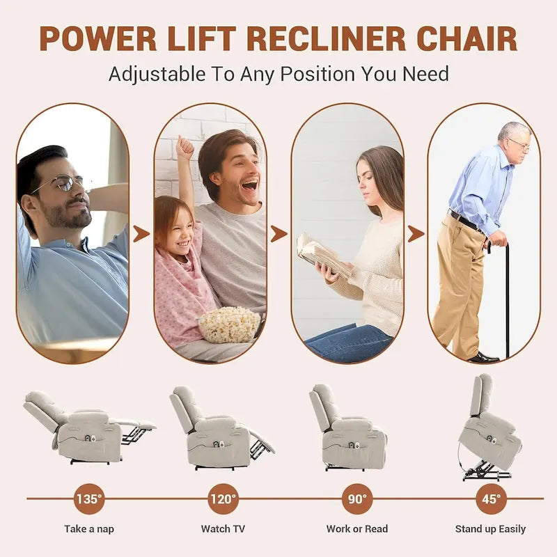 Sillón reclinable eléctrico elevador con función de calor y masaje, en blanco, marrón o gris — 1 persona