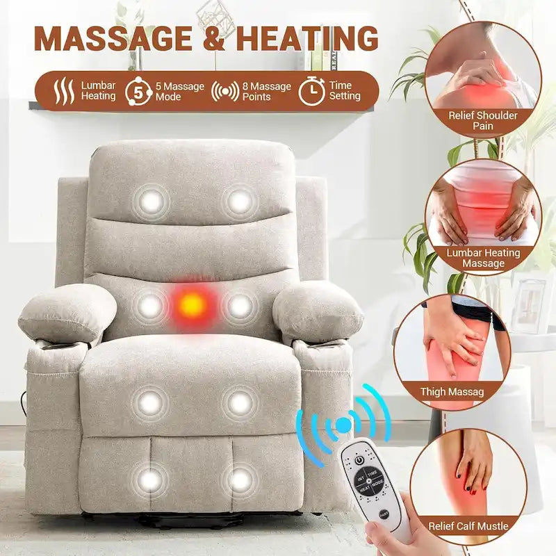 Sillón reclinable eléctrico elevador con función de calor y masaje, en blanco, marrón o gris — 1 persona