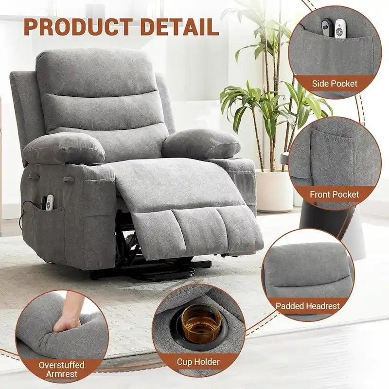 Sillón reclinable eléctrico elevador con función de calor y masaje, en blanco, marrón o gris — 1 persona