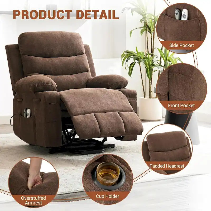 Sillón reclinable eléctrico elevador con función de calor y masaje, en blanco, marrón o gris — 1 persona