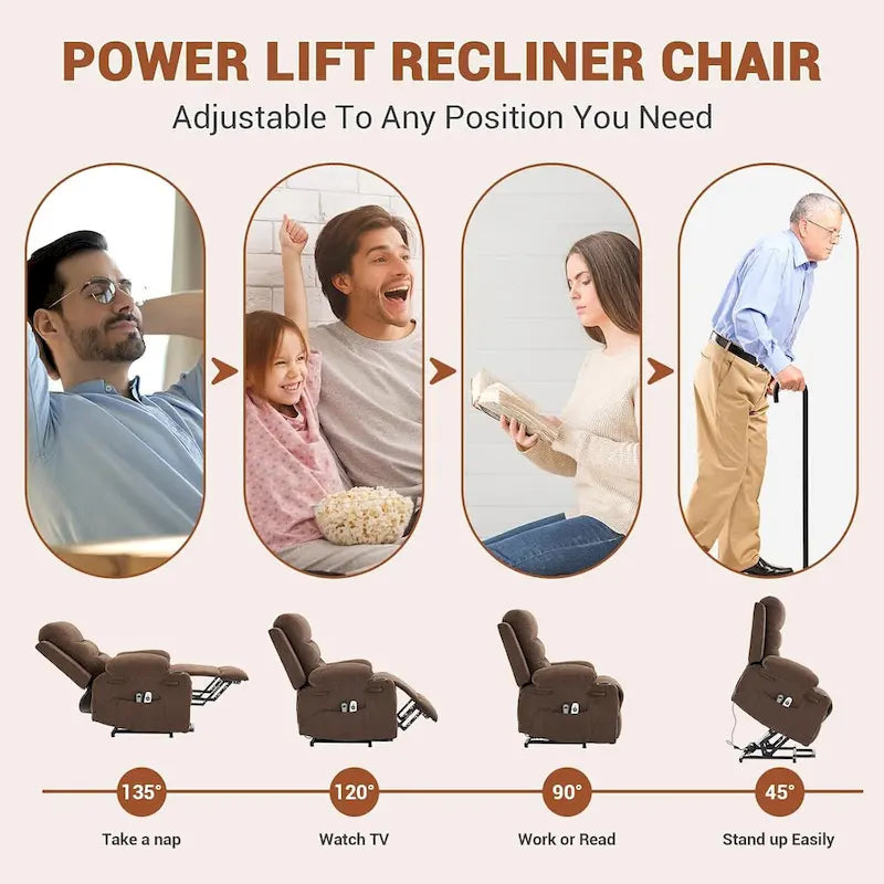 Sillón reclinable eléctrico elevador con función de calor y masaje, en blanco, marrón o gris — 1 persona