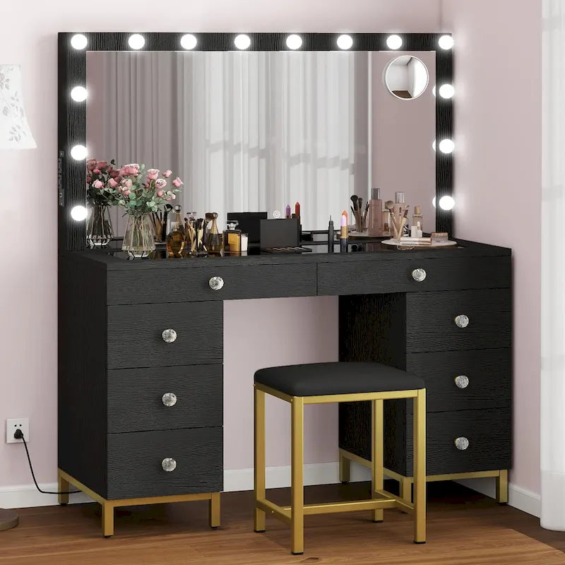 Tocador de maquillaje en blanco y negro con espejo LED, individual