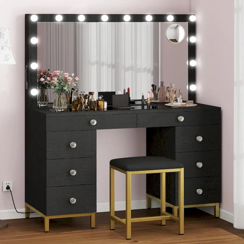 Tocador de maquillaje en blanco y negro con espejo LED, individual