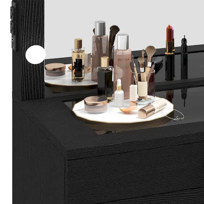 Tocador de maquillaje en blanco y negro con espejo LED, individual