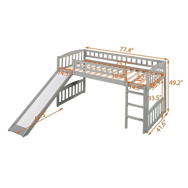 Cama alta doble gris/blanco con tobogán y escalera – 1 persona