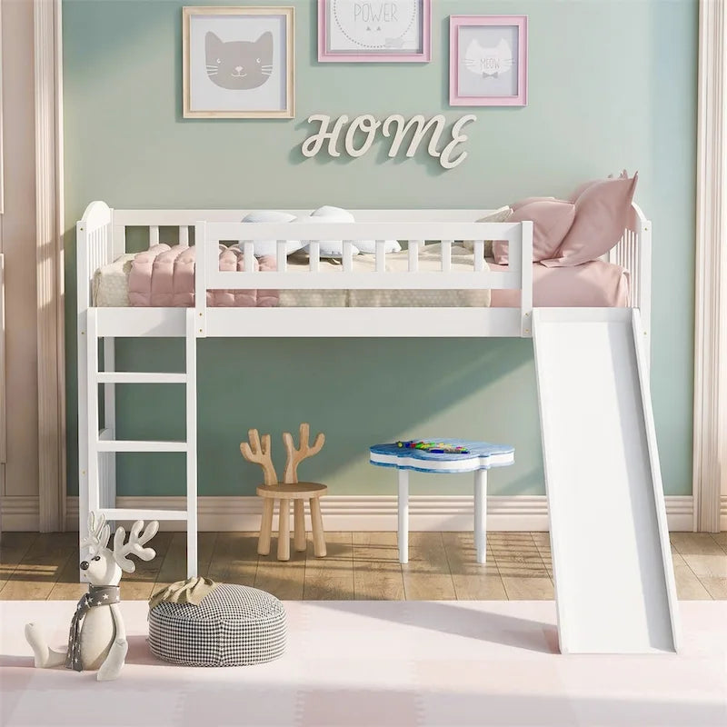Cama alta doble gris/blanco con tobogán y escalera – 1 persona