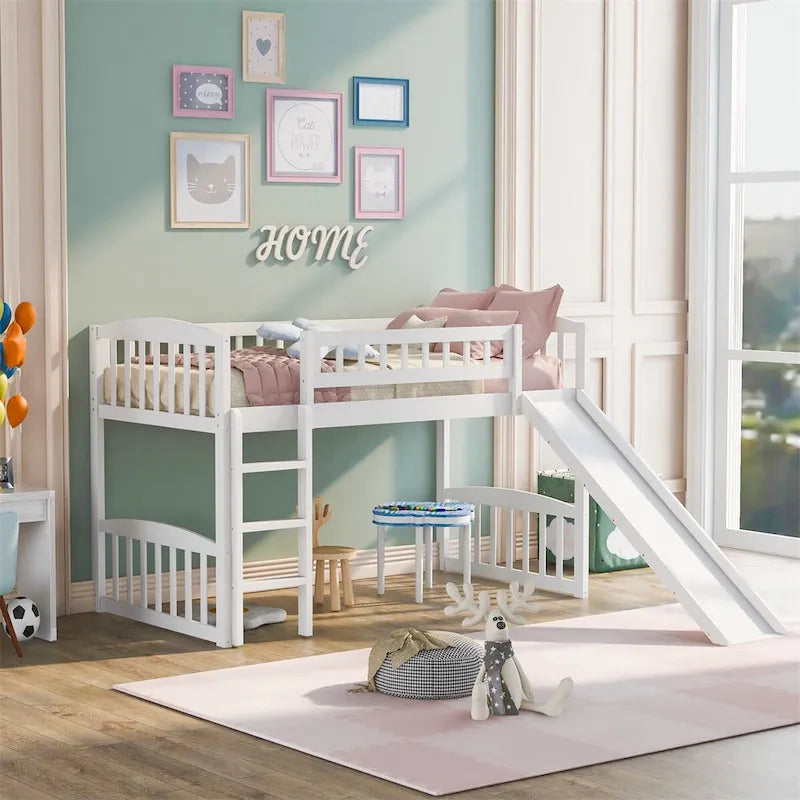 Cama alta doble gris/blanco con tobogán y escalera – 1 persona
