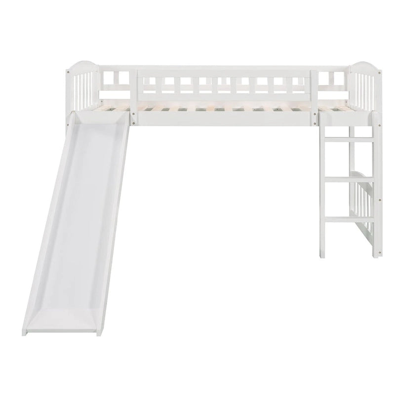 Cama alta doble gris/blanco con tobogán y escalera – 1 persona