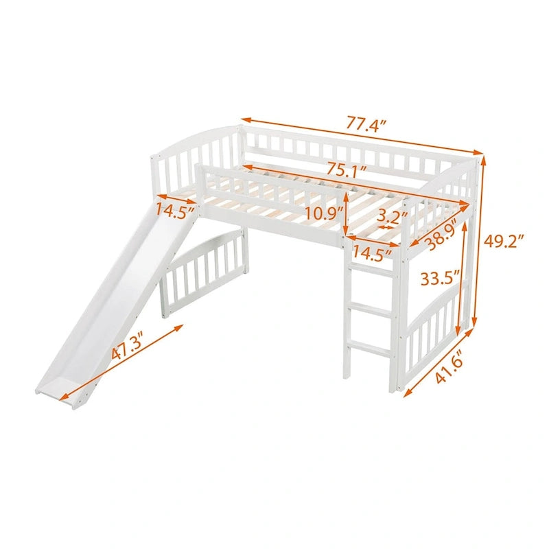 Cama alta doble gris/blanco con tobogán y escalera – 1 persona