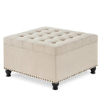 Puf otomano de almacenamiento con patas de madera, tapizado en lino/poliuretano negro/beige/gris oscuro y capitoné, con capacidad para 1 persona