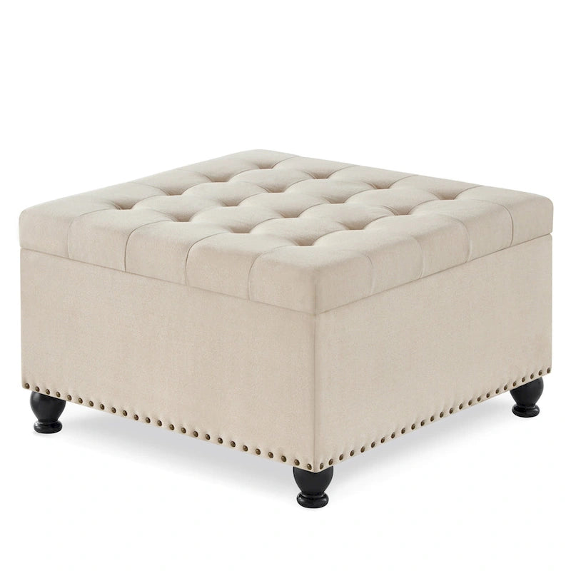 Puf otomano de almacenamiento con patas de madera, tapizado en lino/poliuretano negro/beige/gris oscuro y capitoné, con capacidad para 1 persona