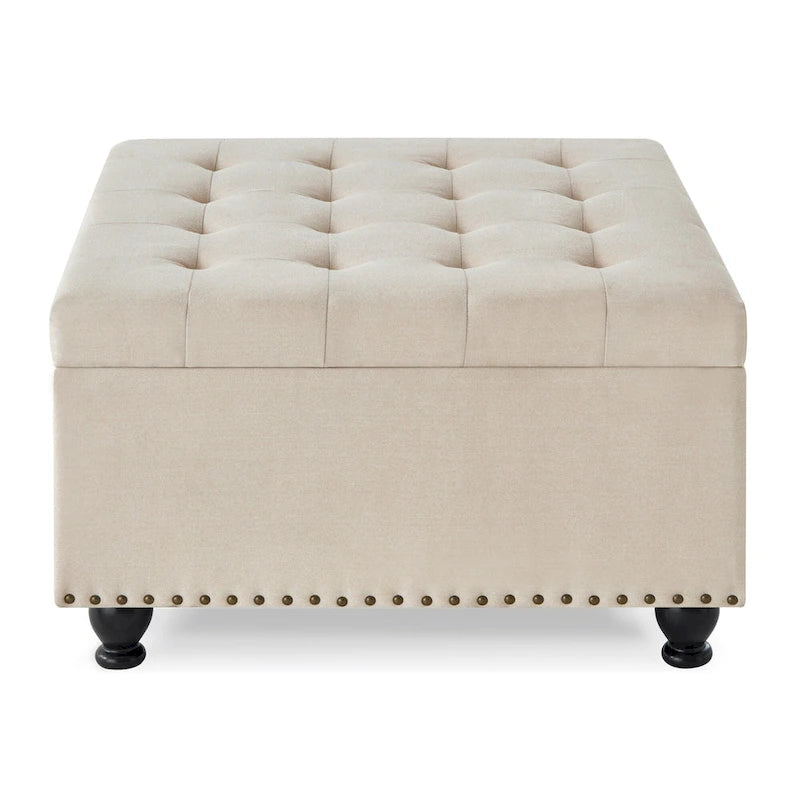 Puf otomano de almacenamiento con patas de madera, tapizado en lino/poliuretano negro/beige/gris oscuro y capitoné, con capacidad para 1 persona