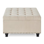 Puf otomano de almacenamiento con patas de madera, tapizado en lino/poliuretano negro/beige/gris oscuro y capitoné, con capacidad para 1 persona