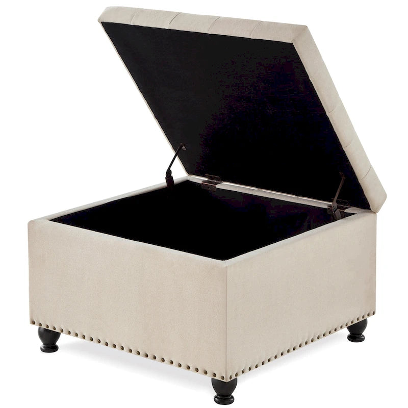 Puf otomano de almacenamiento con patas de madera, tapizado en lino/poliuretano negro/beige/gris oscuro y capitoné, con capacidad para 1 persona