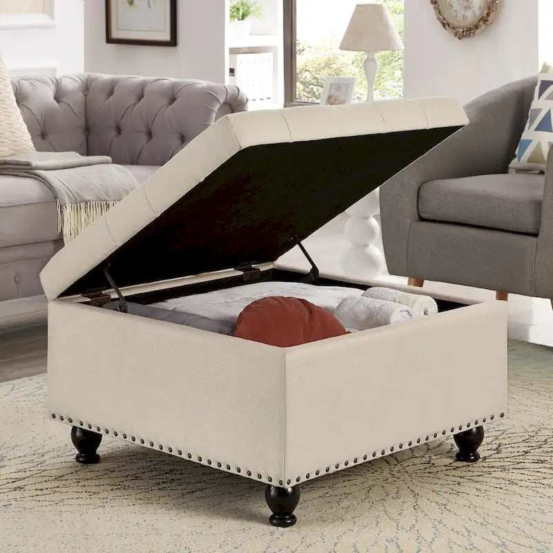 Puf otomano de almacenamiento con patas de madera, tapizado en lino/poliuretano negro/beige/gris oscuro y capitoné, con capacidad para 1 persona