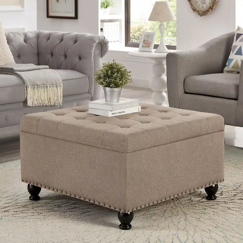 Puf otomano de almacenamiento con patas de madera, tapizado en lino/poliuretano negro/beige/gris oscuro y capitoné, con capacidad para 1 persona