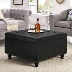 Puf otomano de almacenamiento con patas de madera, tapizado en lino/poliuretano negro/beige/gris oscuro y capitoné, con capacidad para 1 persona