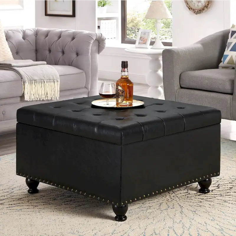 Puf otomano de almacenamiento con patas de madera, tapizado en lino/poliuretano negro/beige/gris oscuro y capitoné, con capacidad para 1 persona