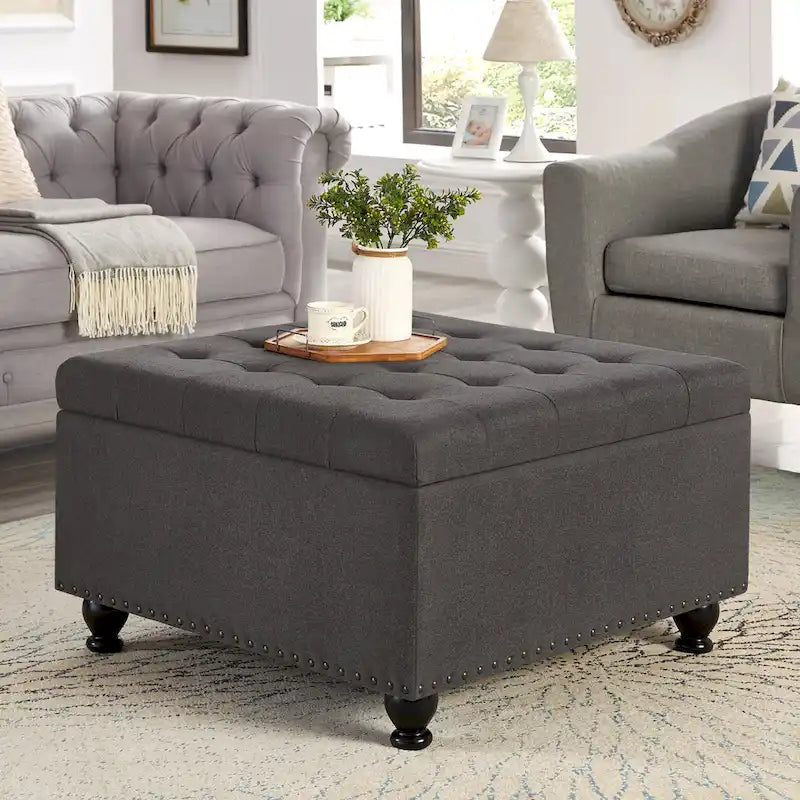 Puf otomano de almacenamiento con patas de madera, tapizado en lino/poliuretano negro/beige/gris oscuro y capitoné, con capacidad para 1 persona