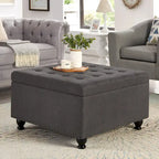Puf otomano de almacenamiento con patas de madera, tapizado en lino/poliuretano negro/beige/gris oscuro y capitoné, con capacidad para 1 persona