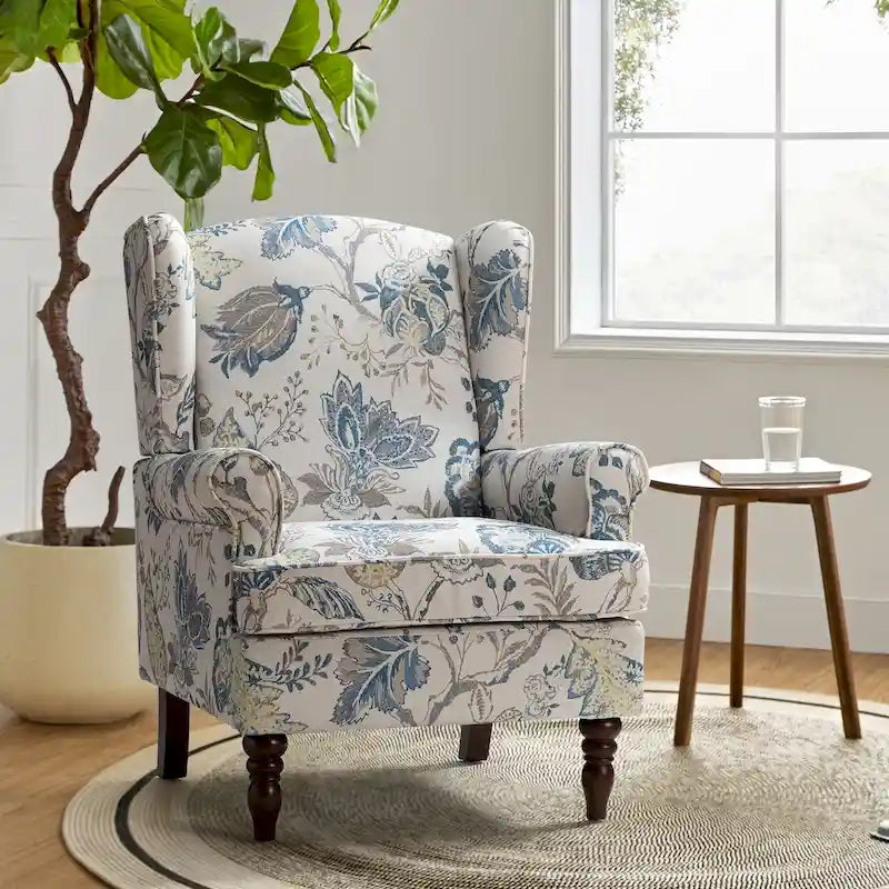 Sillón Wingback decorativo con patas torneadas - Brocado / Tropical / Azul / Canela / Verde, Asiento Individual