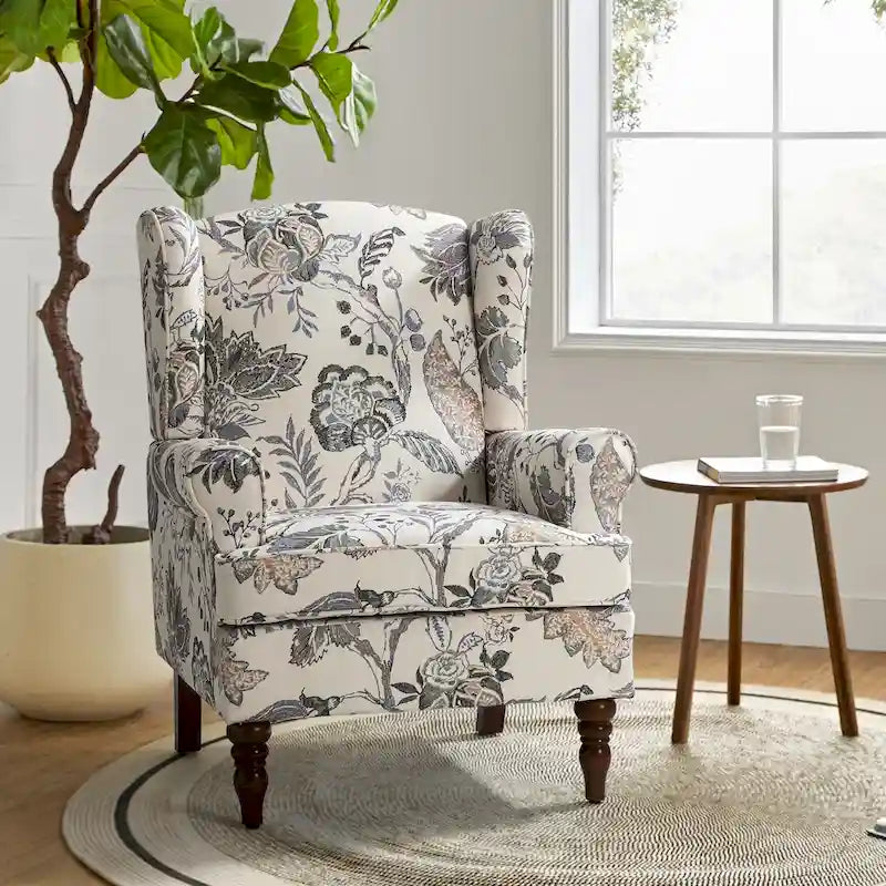 Sillón Wingback decorativo con patas torneadas - Brocado / Tropical / Azul / Canela / Verde, Asiento Individual