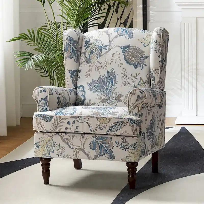 Sillón Wingback decorativo con patas torneadas - Brocado / Tropical / Azul / Canela / Verde, Asiento Individual