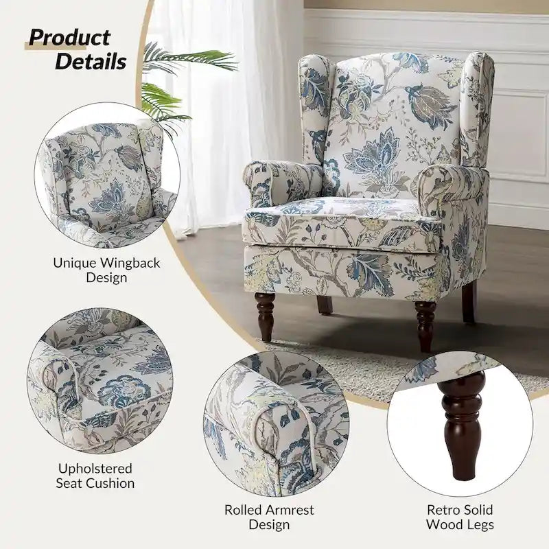 Sillón Wingback decorativo con patas torneadas - Brocado / Tropical / Azul / Canela / Verde, Asiento Individual