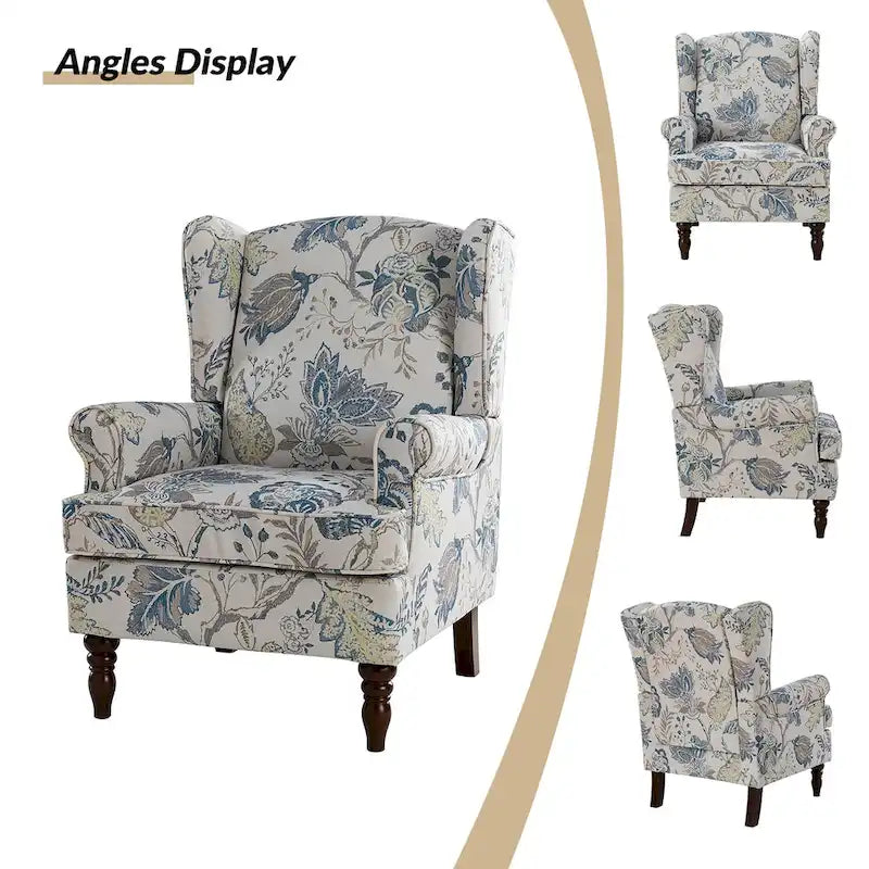 Sillón Wingback decorativo con patas torneadas - Brocado / Tropical / Azul / Canela / Verde, Asiento Individual