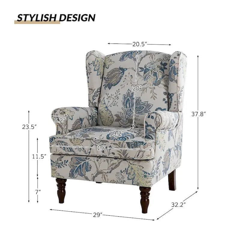 Sillón Wingback decorativo con patas torneadas - Brocado / Tropical / Azul / Canela / Verde, Asiento Individual