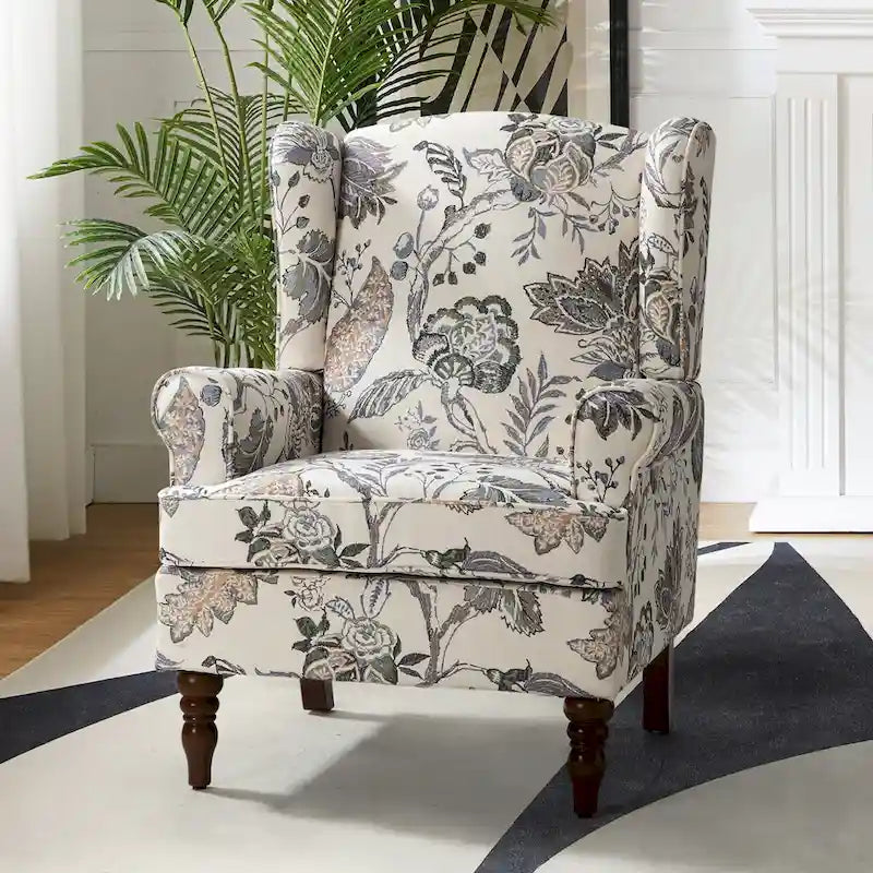 Sillón Wingback decorativo con patas torneadas - Brocado / Tropical / Azul / Canela / Verde, Asiento Individual