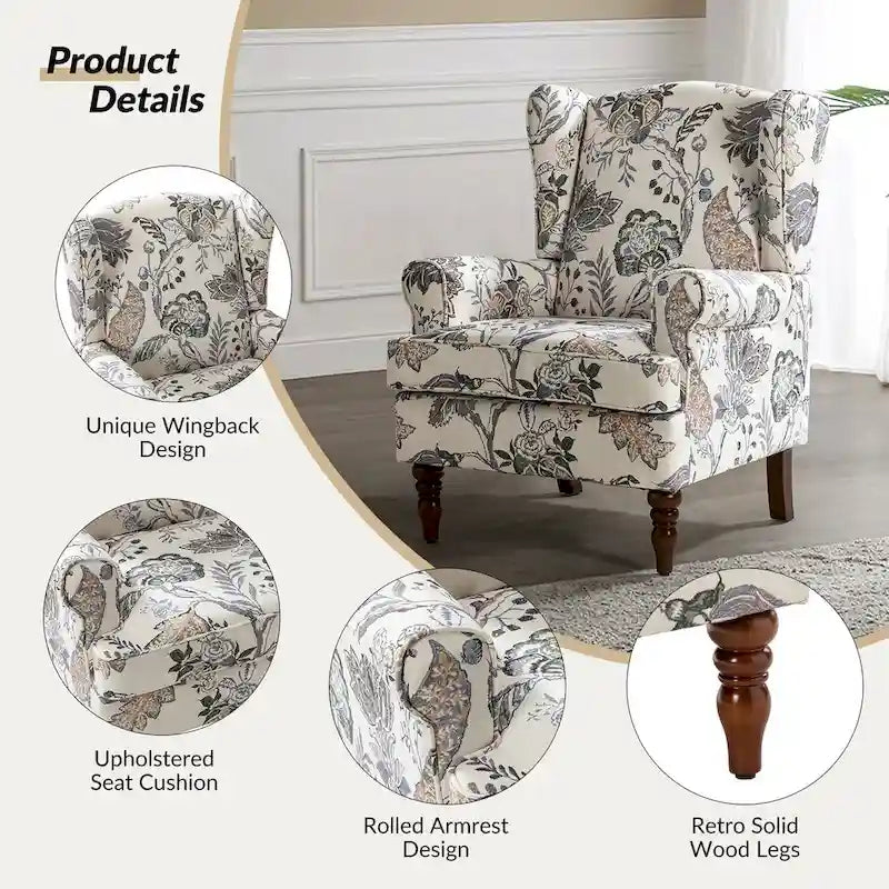 Sillón Wingback decorativo con patas torneadas - Brocado / Tropical / Azul / Canela / Verde, Asiento Individual