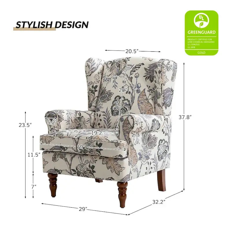 Sillón Wingback decorativo con patas torneadas - Brocado / Tropical / Azul / Canela / Verde, Asiento Individual
