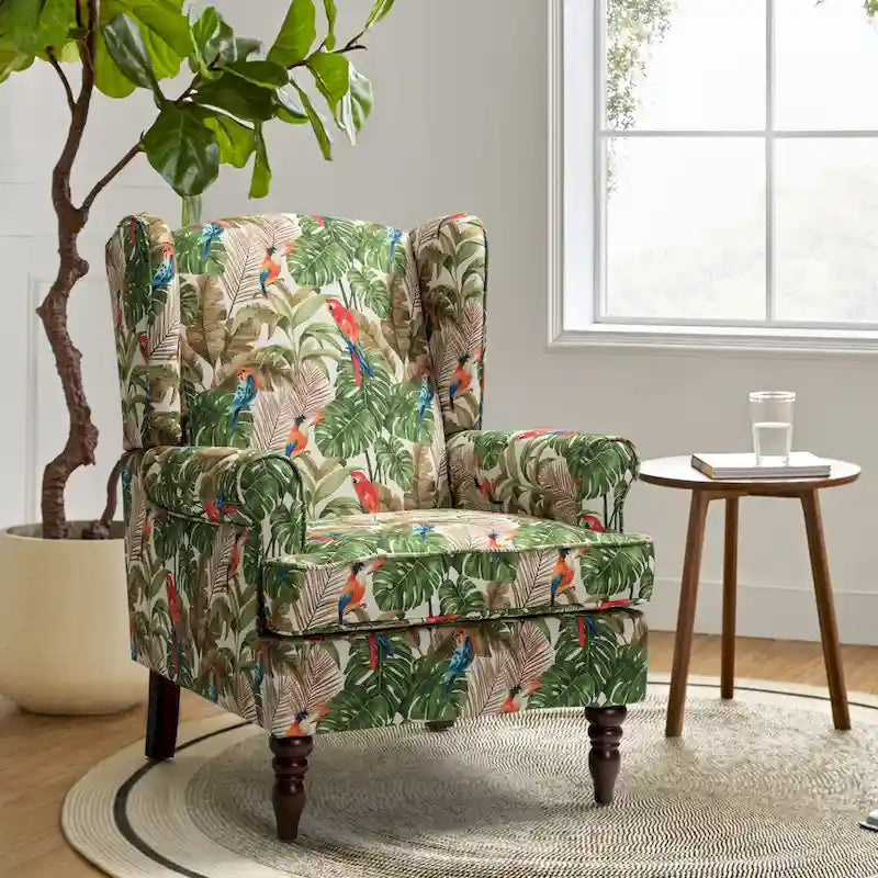 Sillón Wingback decorativo con patas torneadas - Brocado / Tropical / Azul / Canela / Verde, Asiento Individual