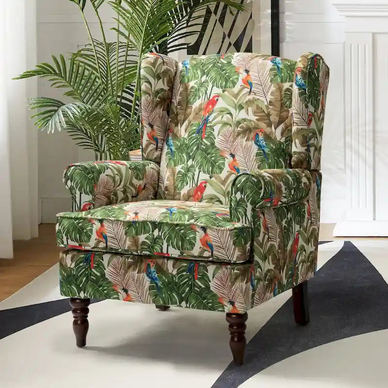 Sillón Wingback decorativo con patas torneadas - Brocado / Tropical / Azul / Canela / Verde, Asiento Individual