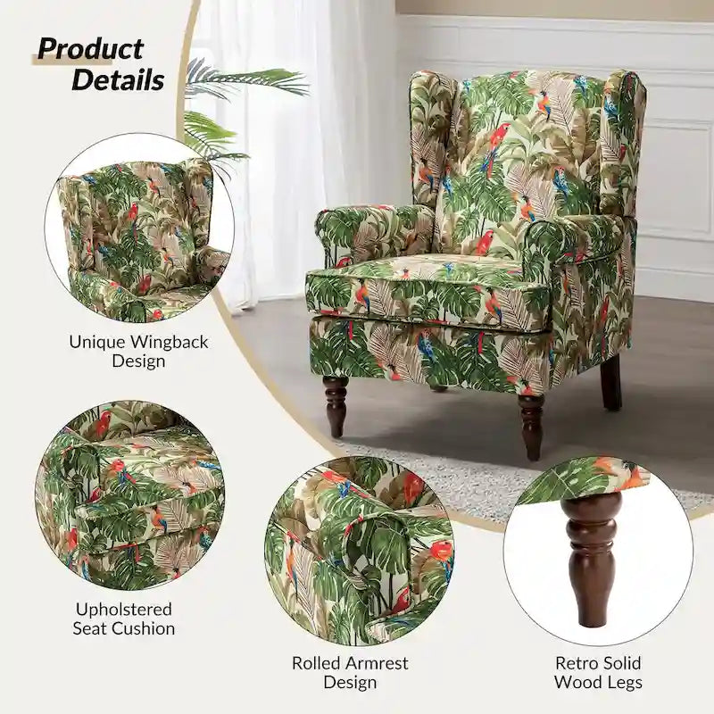 Sillón Wingback decorativo con patas torneadas - Brocado / Tropical / Azul / Canela / Verde, Asiento Individual