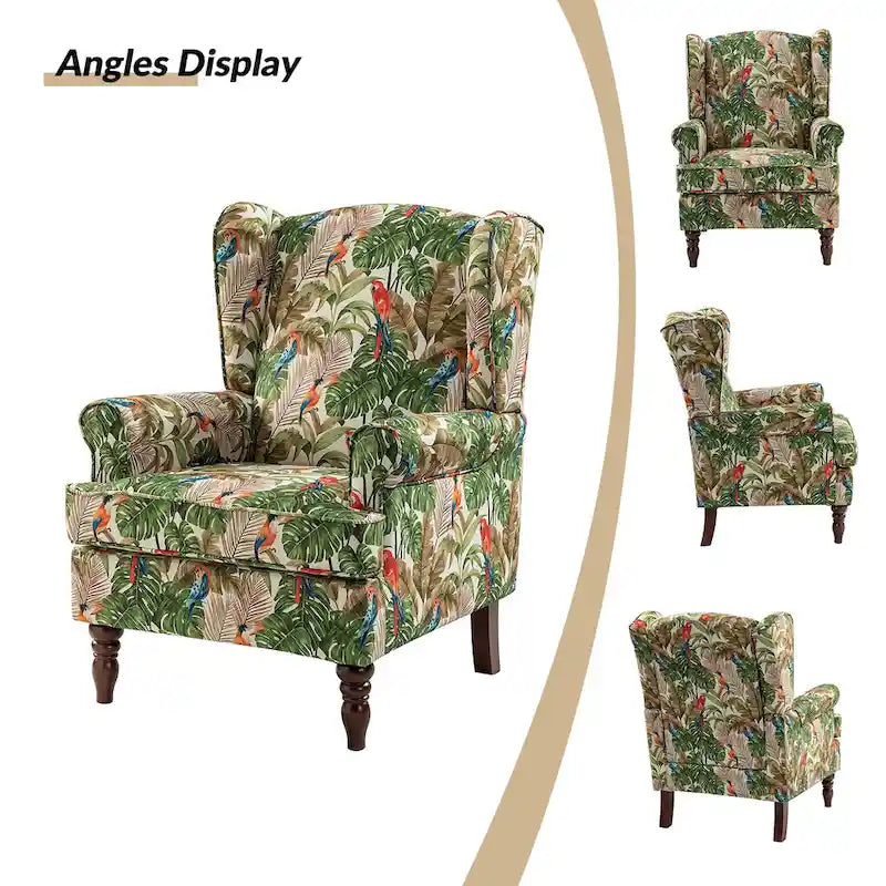 Sillón Wingback decorativo con patas torneadas - Brocado / Tropical / Azul / Canela / Verde, Asiento Individual