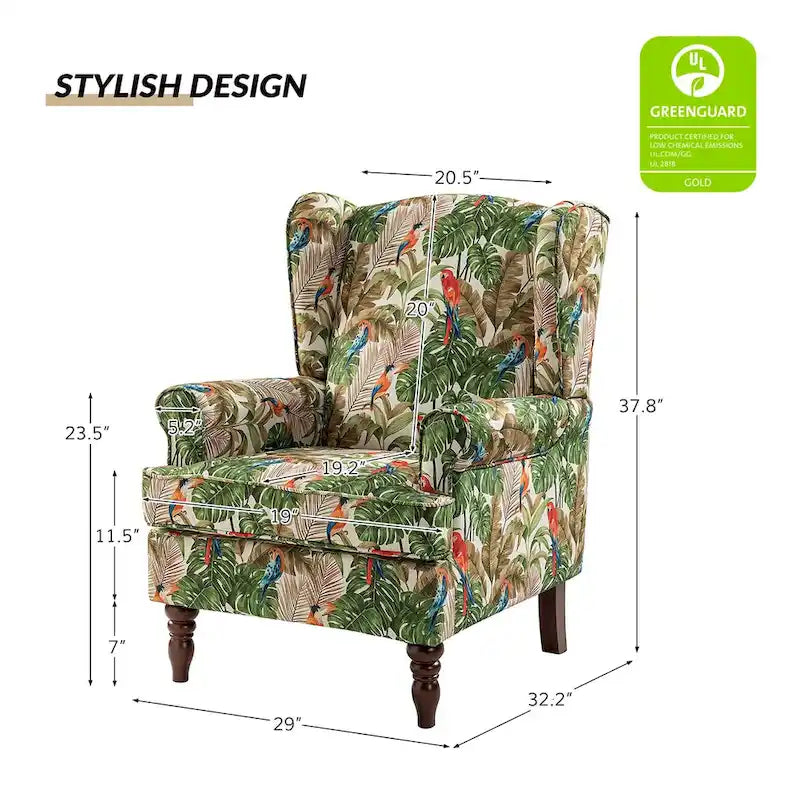 Sillón Wingback decorativo con patas torneadas - Brocado / Tropical / Azul / Canela / Verde, Asiento Individual