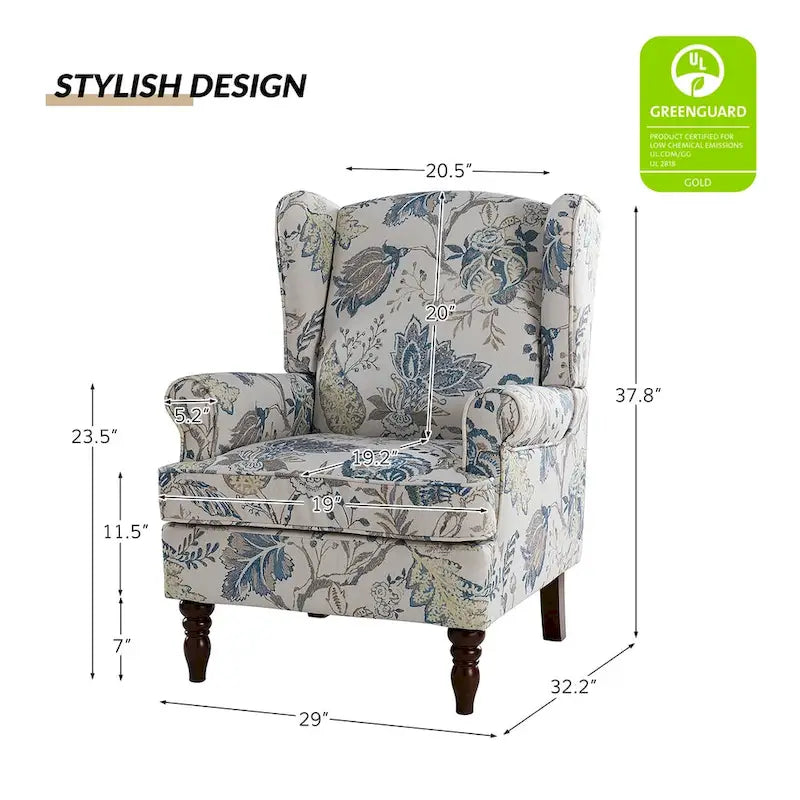 Sillón Wingback decorativo con patas torneadas - Brocado / Tropical / Azul / Canela / Verde, Asiento Individual