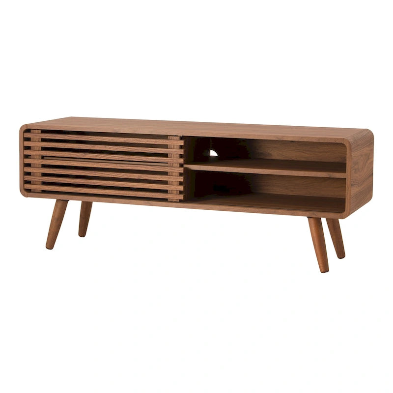 Mueble de TV bajo retro de listones de nogal