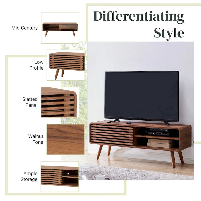 Mueble de TV bajo retro de listones de nogal